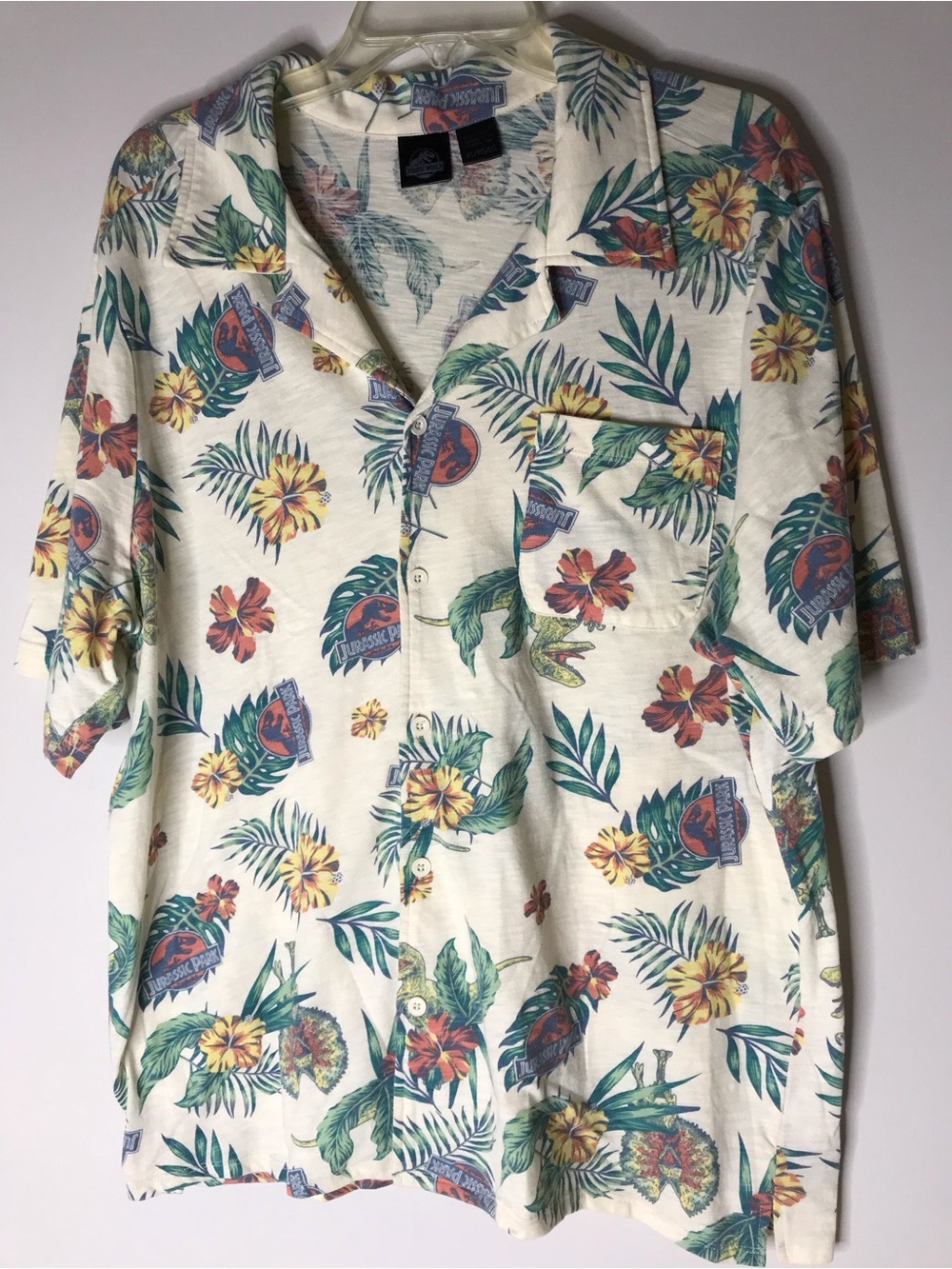 Jurassic Park Knit Cream Tropical Floral Button-Down Shirt - Men’s Casual